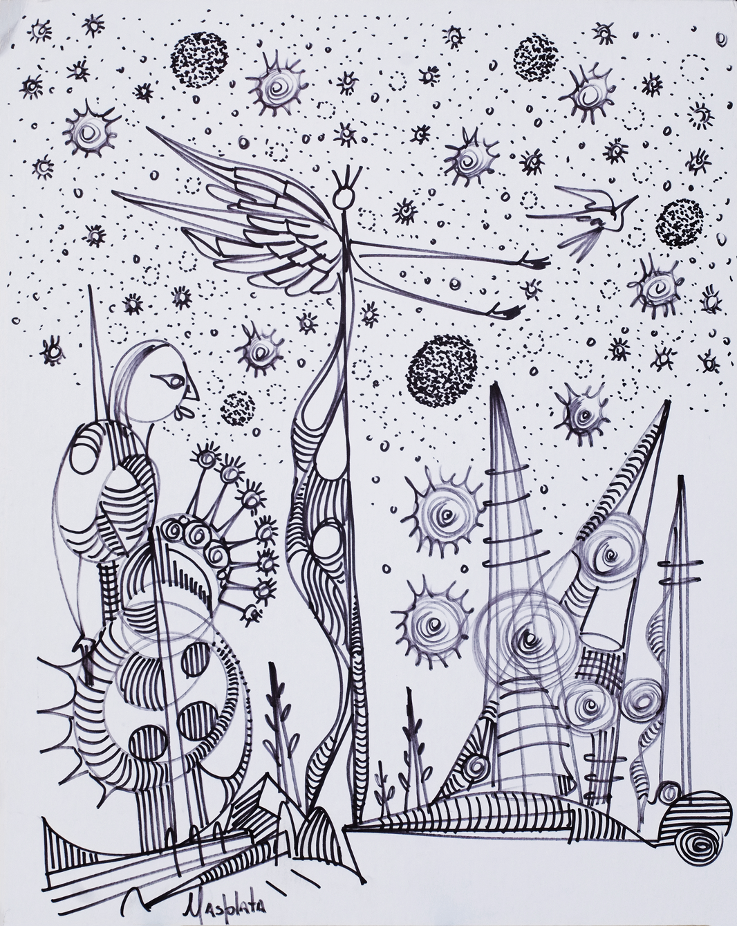 "Angel and warrior", 2017, marker on board, 18x22"