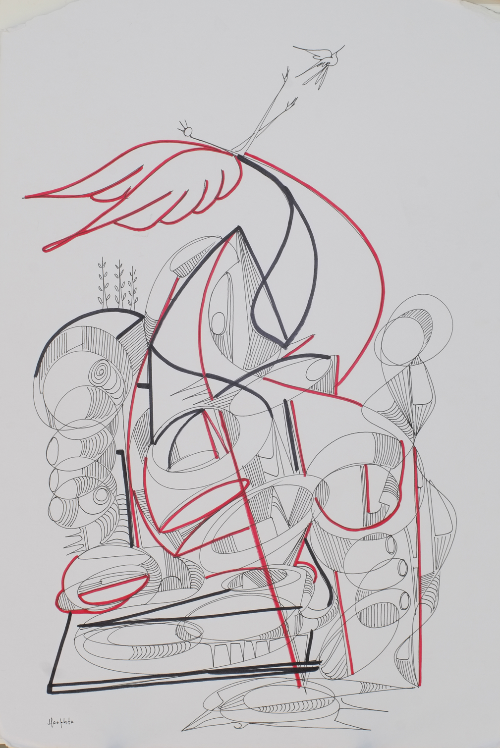 "Bending backwards, 2018, ink and marker on board, 15" x 22"