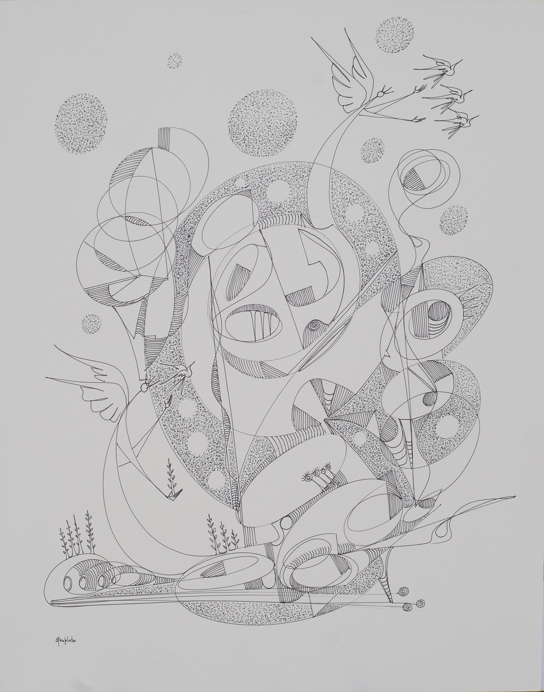 "Airballs", 2018, Ink on board, 16"x20"