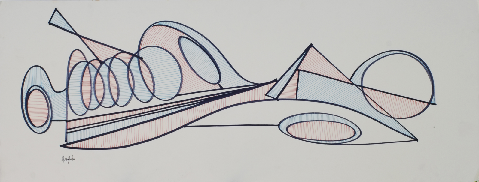 Pyramid by the moon, 2018, Pen and Marker on board, 32" x 12.5"