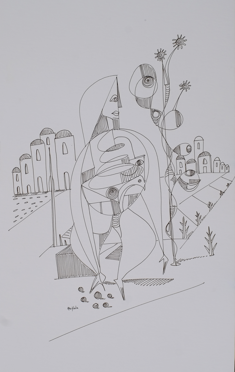 "Overseeing the village", 2018, Ink on board, 14" x 22"