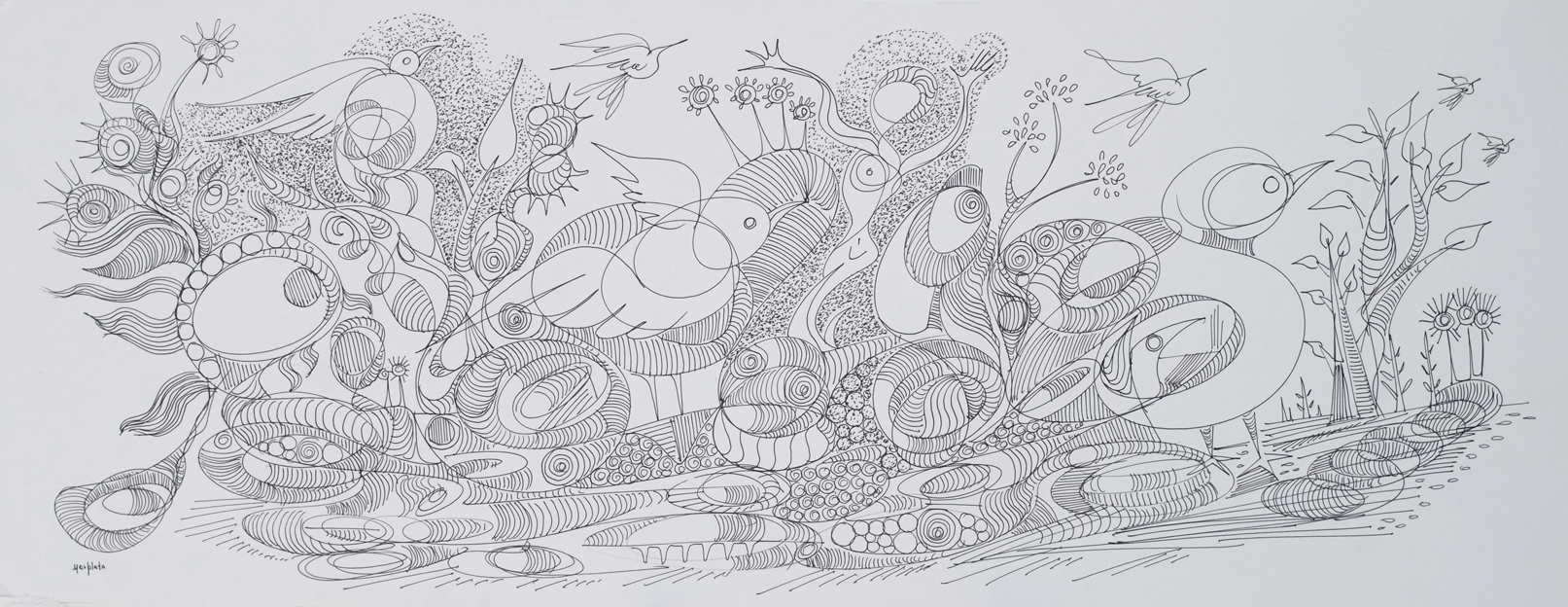 "Playing in the Forest", 2018, Ink on board, 33"x13"