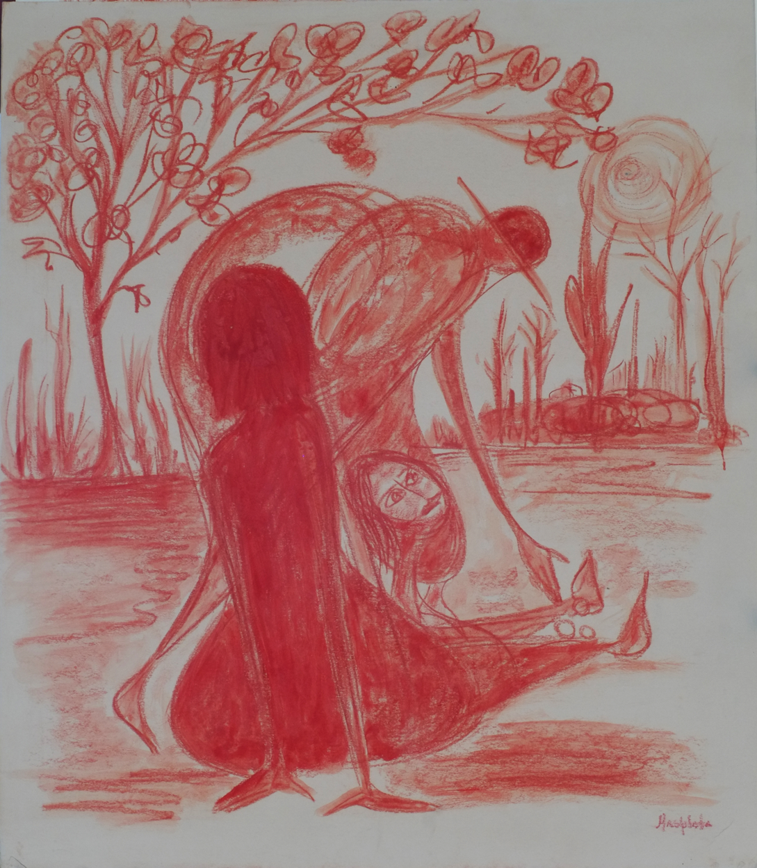 "Sowing", 2018, Red charcoal on warmtone board, 21" x 25"