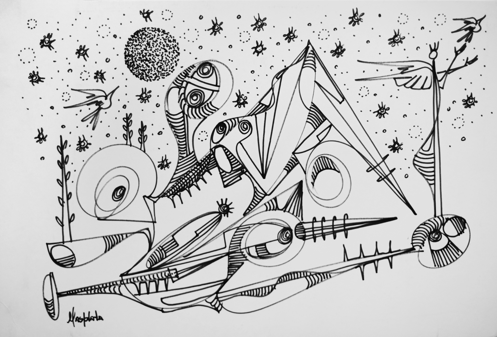 "Angelic Exploration", 2019, Marker on Matte board, 24" x16"