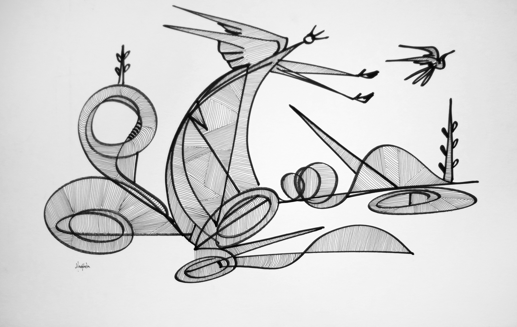 "Angel In Motion", 2019, marker and ink on board, 27.50"x17.50"