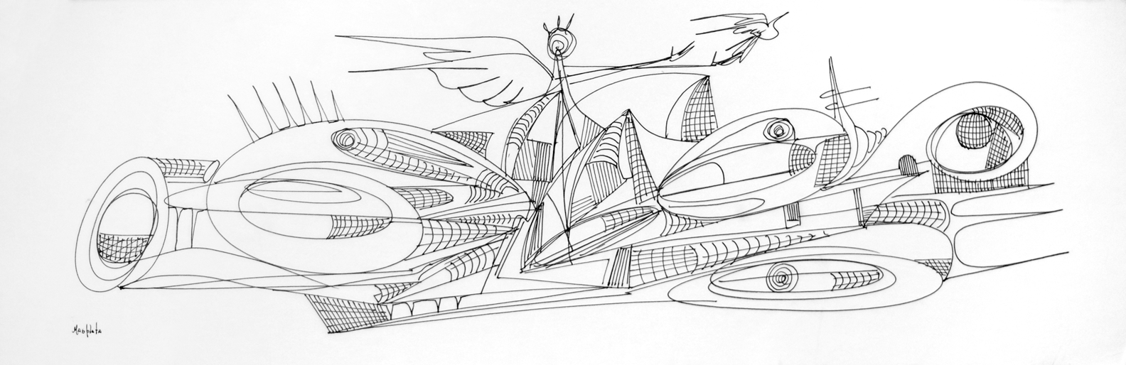 "Angel Passenger", 2019, Ink on Board, 7.75" x 25.50"