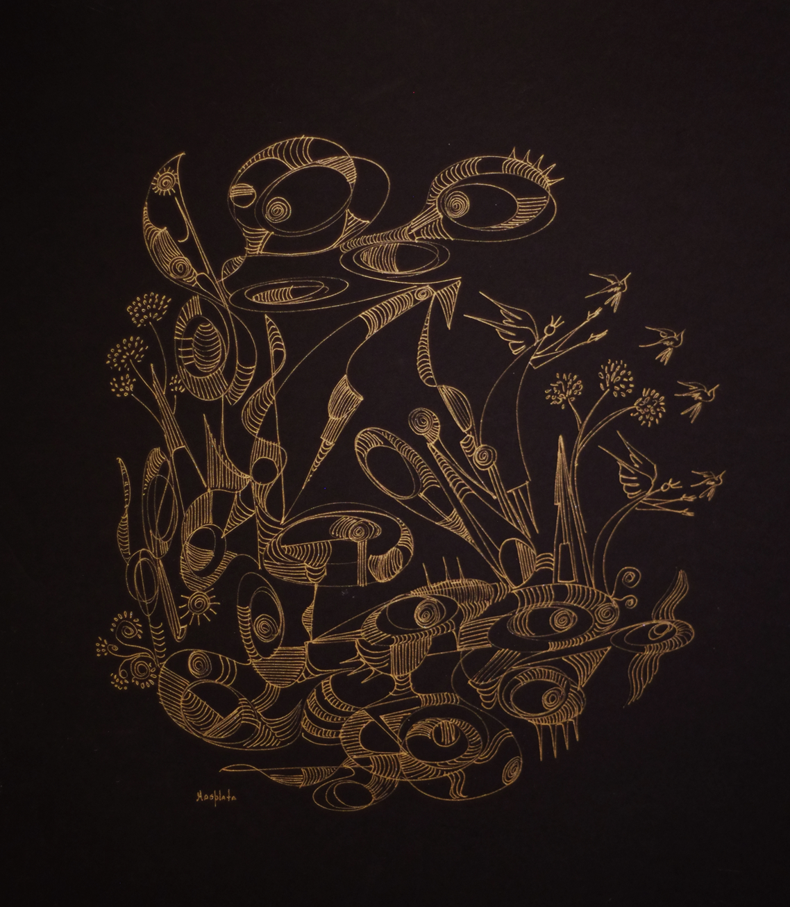 "Angels In The Garden", 2019, Gold Ink On Black Matte Board, 2.25" x 23"