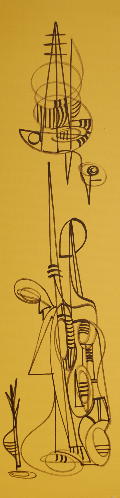"Don Quixote through time", 2019, marker on yellow board, 8x32'"