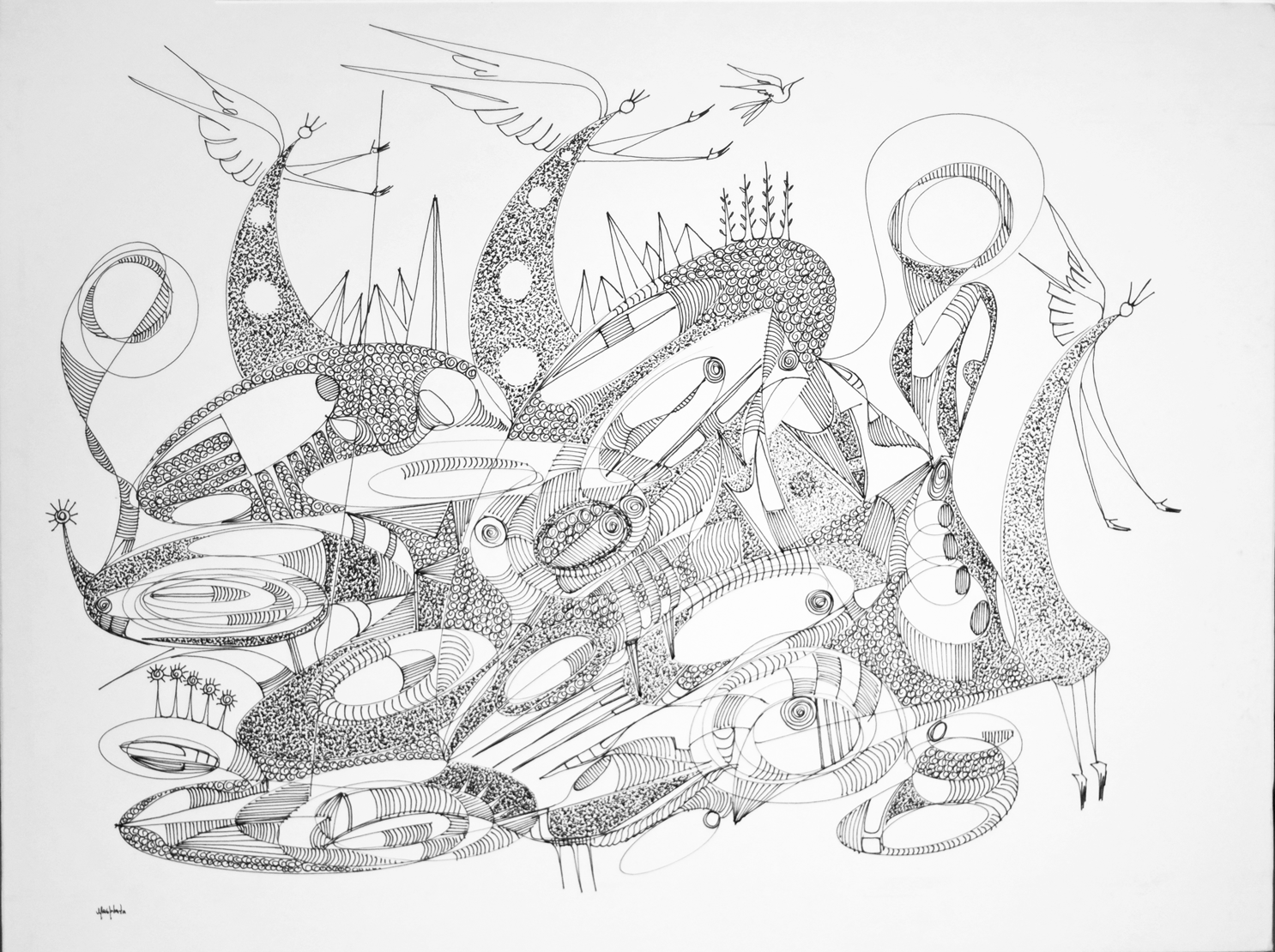 "Delivering Angels", 2019, Ink On Matte Board, 23.75" x 18"