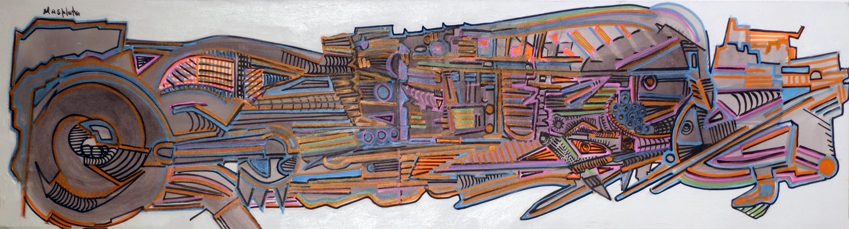 Engine no. 1, 2019, mixed media marker acrylic on board, 33"x9" 