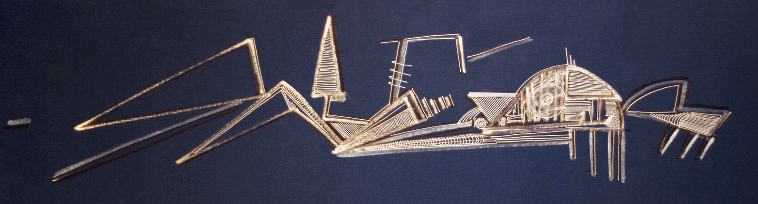 "Machine", 2019, marker and white gel pen on blue matte board, 32" x 9"