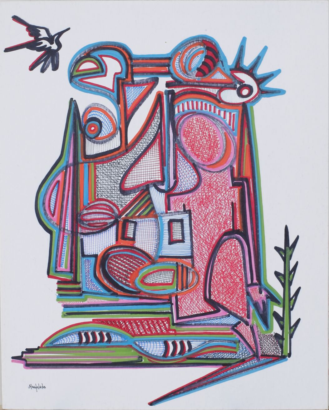 "Many containers", 2019, marker and multicolored ink on board, 13.75" x 17"