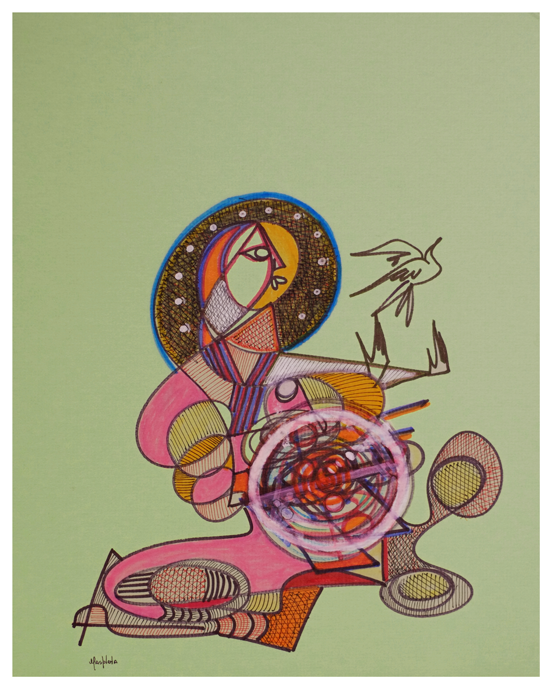 "Queen", 2019, ink and marker on board, 11.75" x 15"