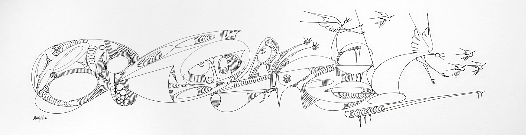 "Releasing the doves", 2019, ink on board, 29.5" x 8"