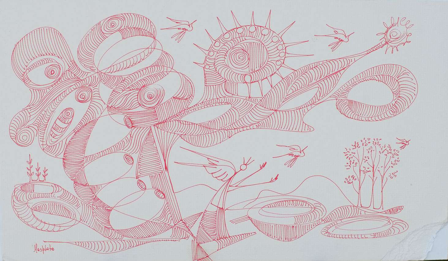 "Release In Motion", 2019, Red Ink on Board, 15.5" x 9.5"