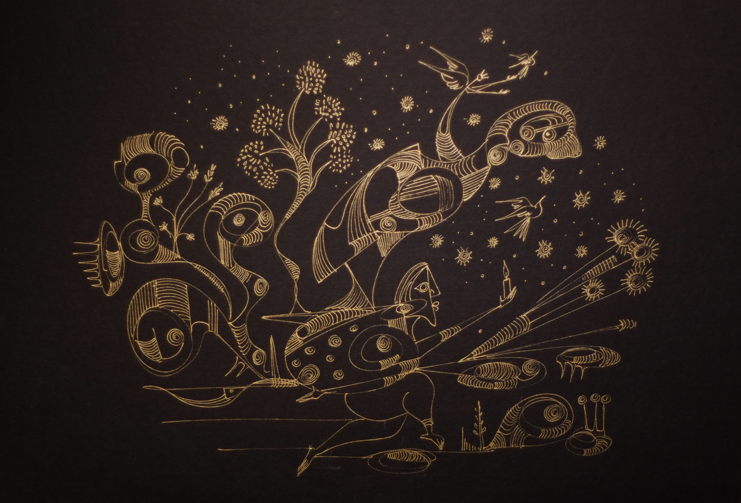 "Running To Victory", 2019, Gold Ink On black matte board, 26.25" x 18.50"