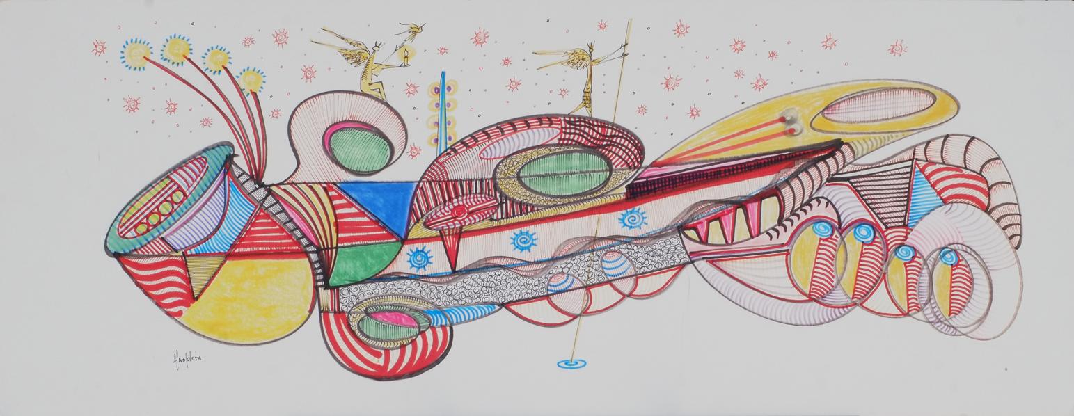 "Vessel 8888", 2019, marker and pen on board, 13" x 28"
