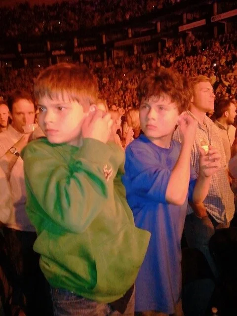 Two boys standing in a crowded concert, one in a green jacket and the other in a blue shirt, surrounded by a large audience under warm lighting.