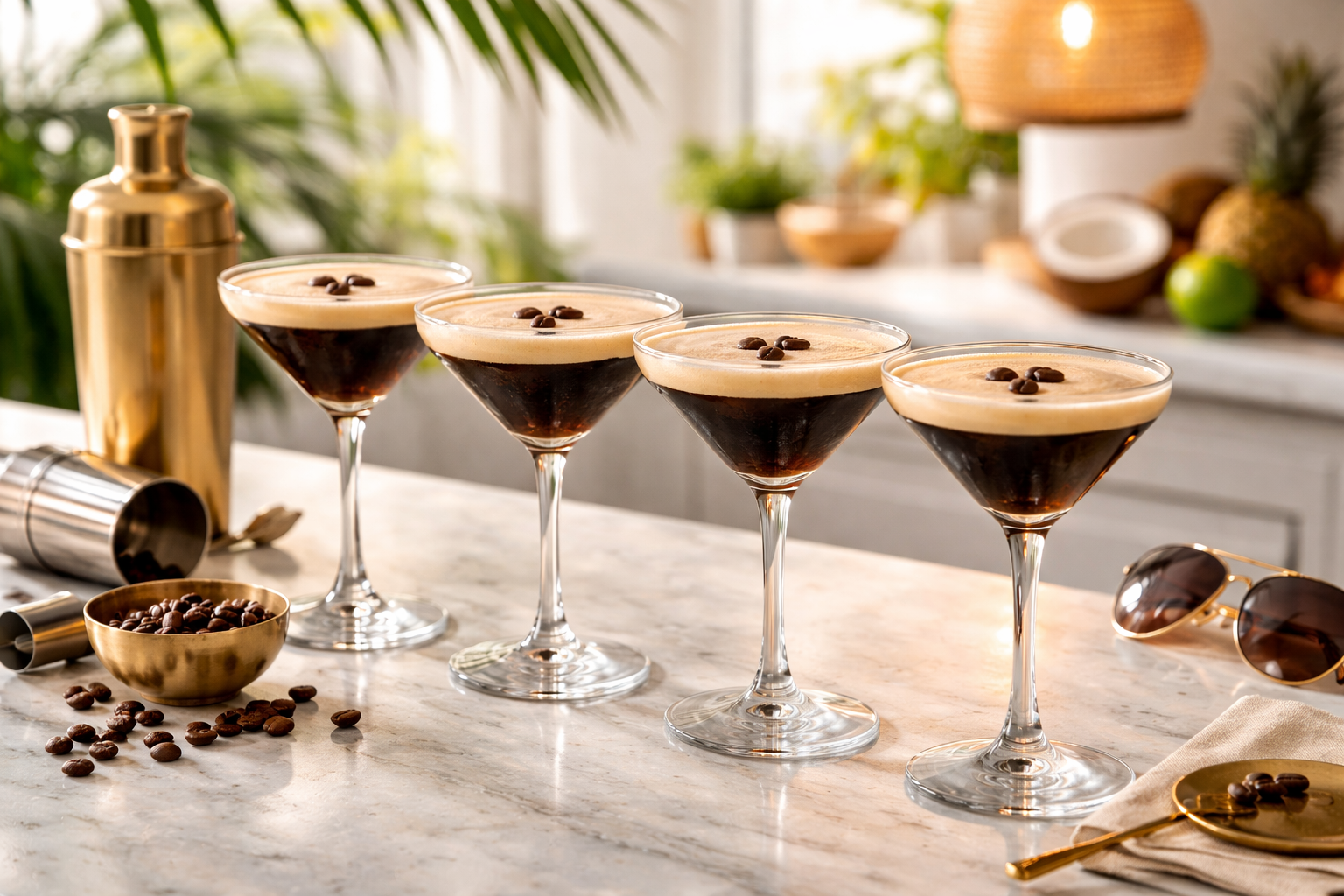 A bartender pours a purple and blue cocktail into a glass with a pink flower garnish on top.