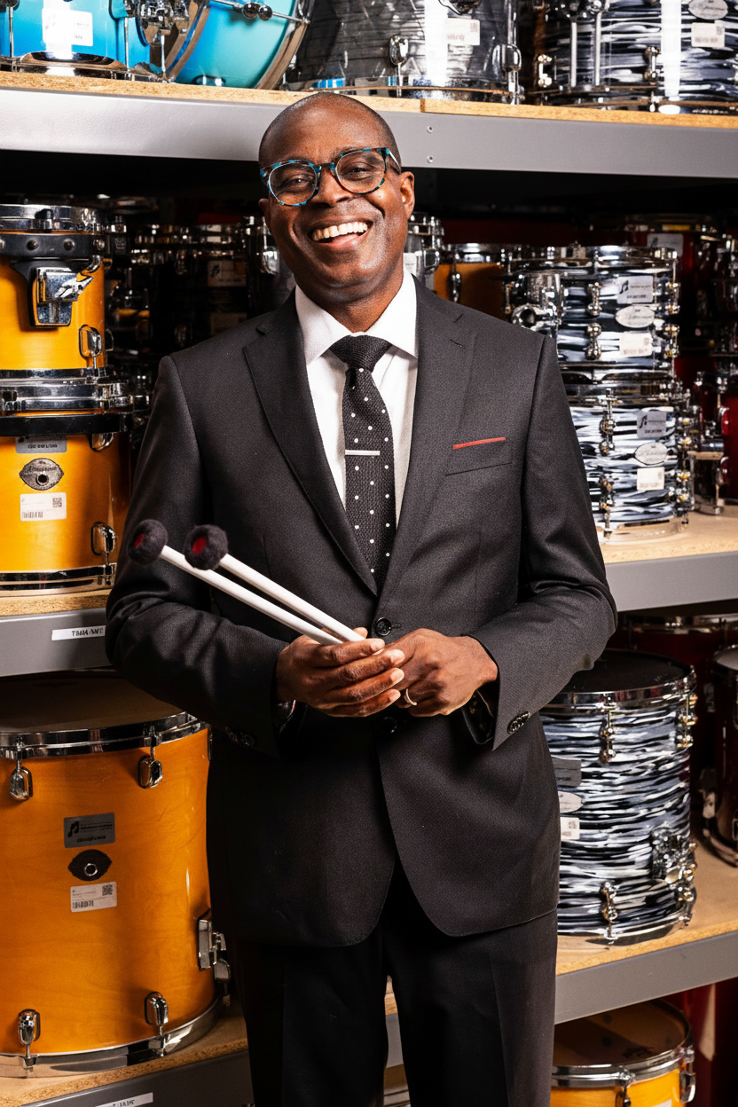 A man in a gray suit tickling a gavel, smiling, against a black background.