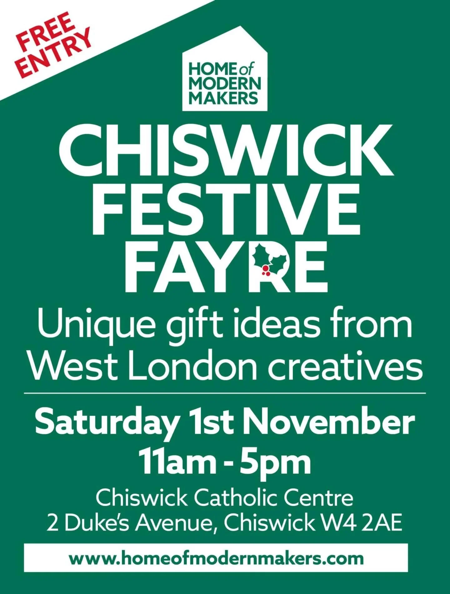 I can't wait to join the @homeofmodernmakers team in Chiswick in a couple of weeks!
Chiswick Festive Fayre
Saturday 1 November
11am to 5pm
Chiswick Catholic Centre
2 Duke's Avenue (just off Chiswick High Road)
Chiswick
W4 2AE
#ShopSmallBusinessUK #