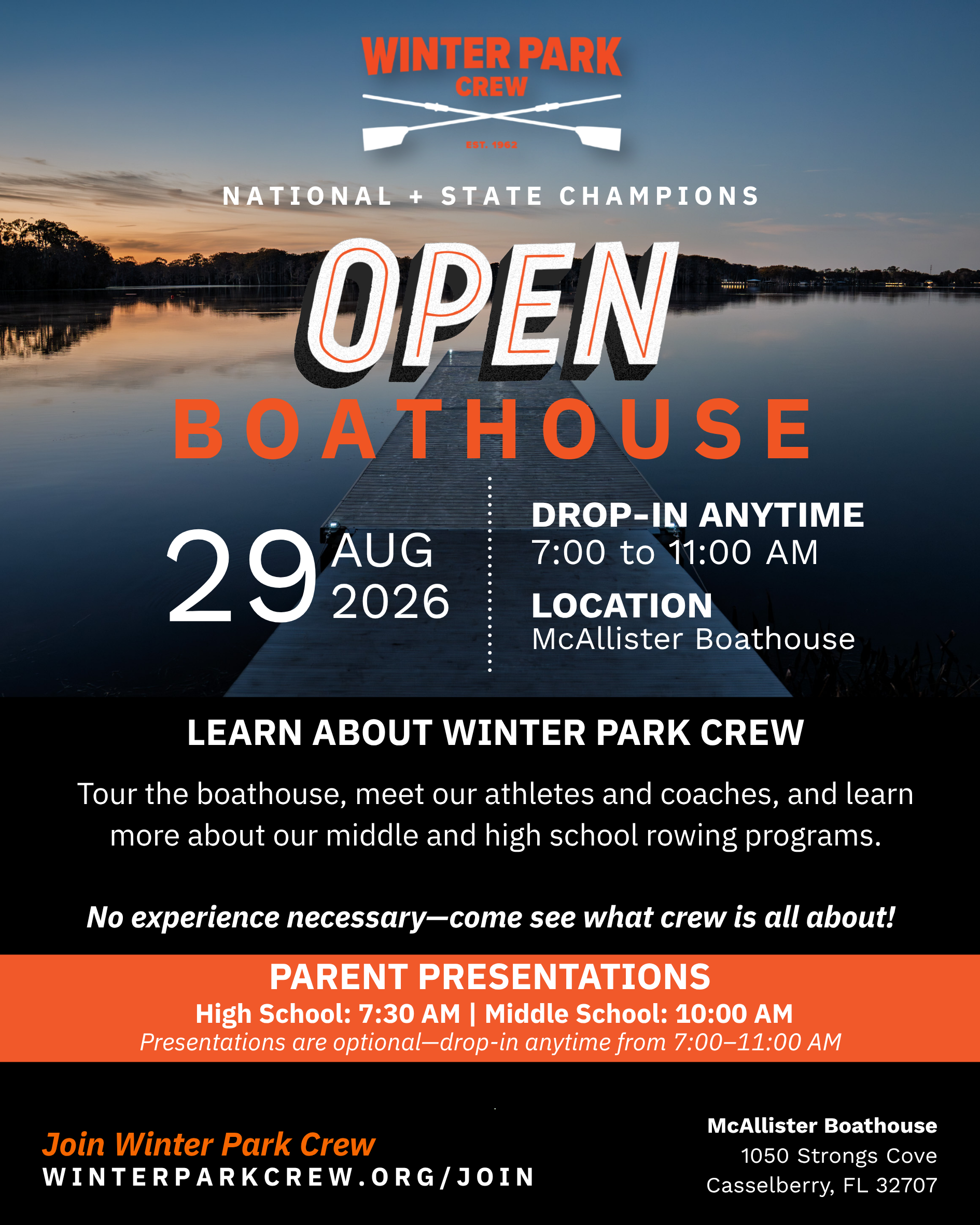 A promotional flyer for Winter Park Crew, a rowing team established in 1962, announcing the opening of their boathouse for drop-in visits on August 29, 2026, from 7:00 to 11:00 AM at McAllister Boathouse, Casselberry, FL. The flyer highlights their achievements as national and state champions, invites visitors to tour the boathouse, meet athletes and coaches, and learn about middle and high school rowing programs. It includes information about parent presentations scheduled at high school and middle school times.