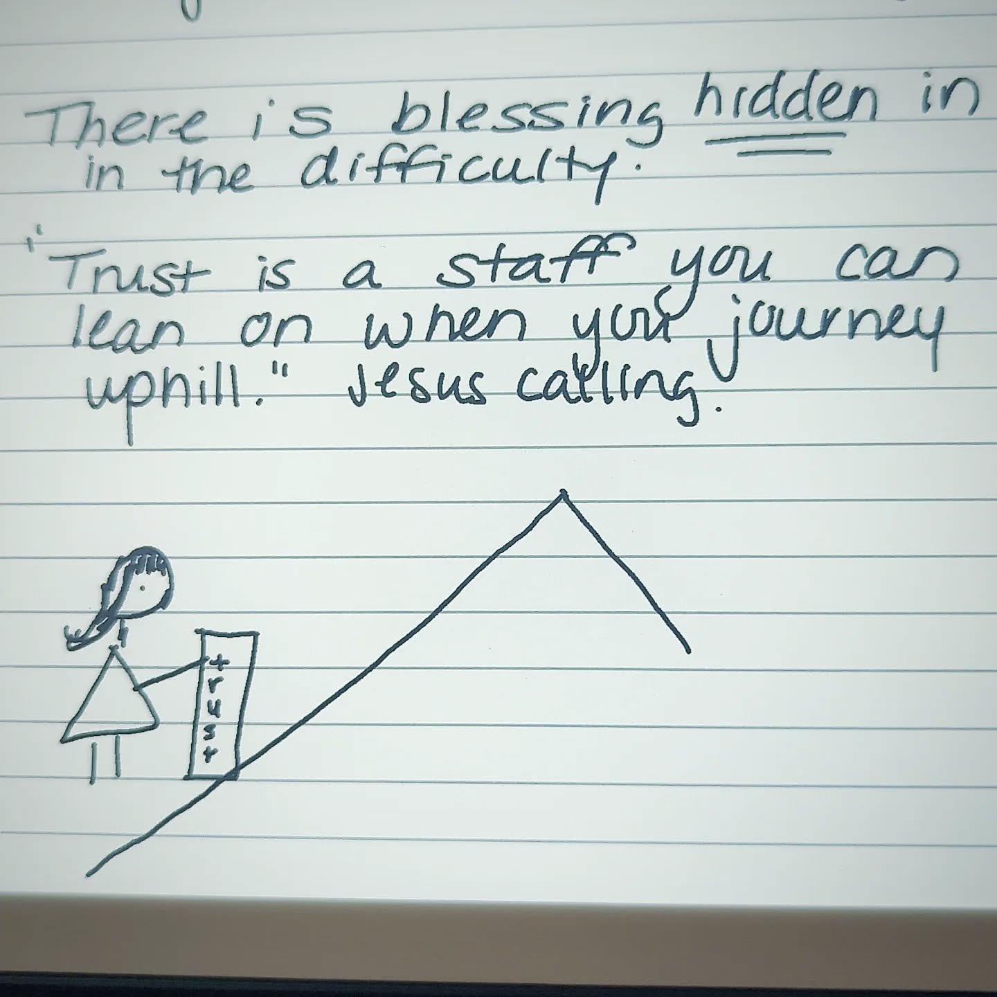 &quot;Trust is a staff you can lean on when you journey uphill.&quot; Jesus Calling by Sarah Young ⛰️
.
I've been drawing little stick figures during my morning prayer because I'm a visual learner. #stickfigureblessings
.
Maybe they will help you too