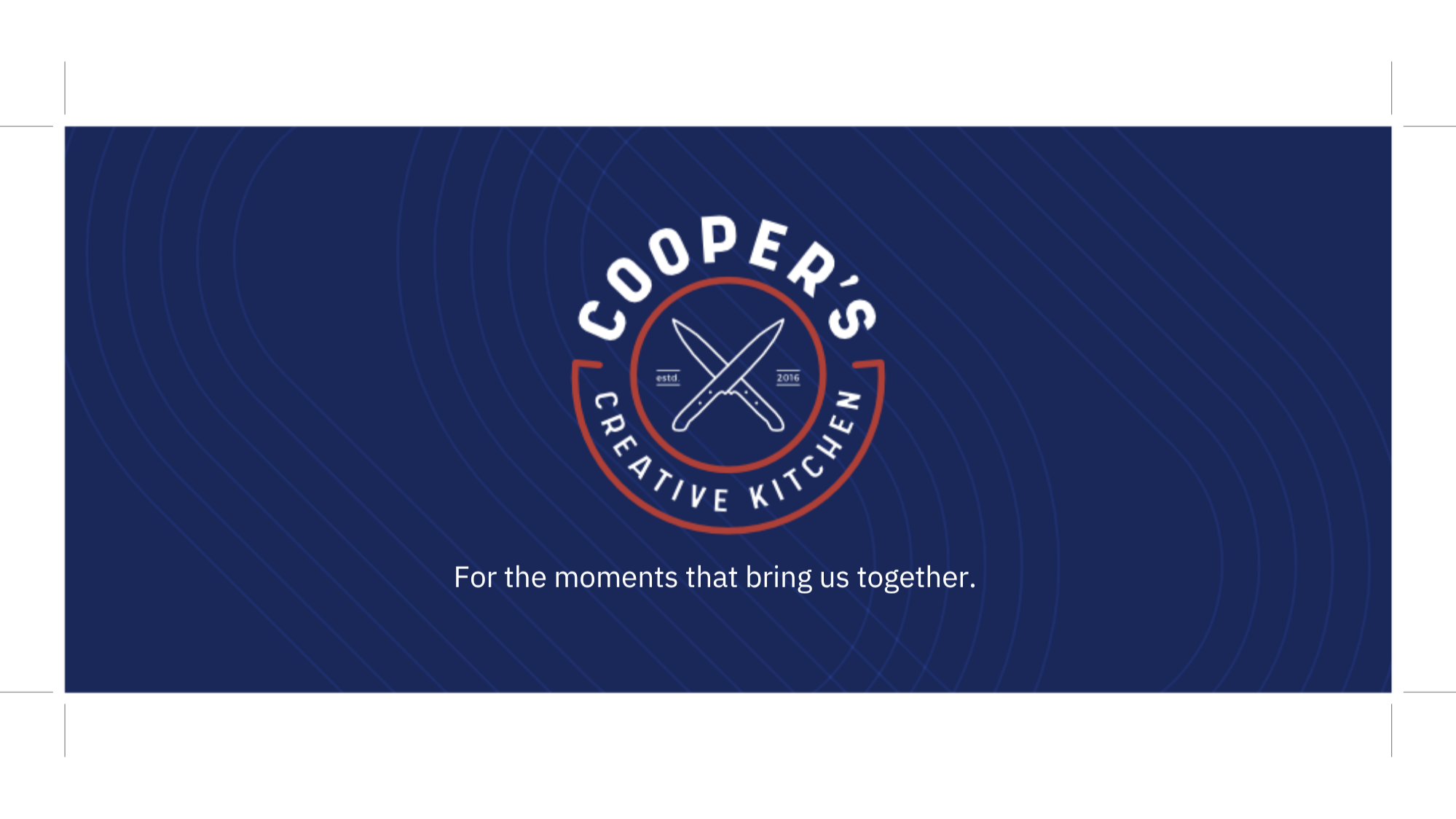Logo for Cooper's Creative Kitchen featuring crossed kitchen knives inside a circle, with the text "Cooper's Creative Kitchen" and "estd. 2016" around the circle, on a dark blue background with angular lines, and the phrase "For the moments that bring us together" below.