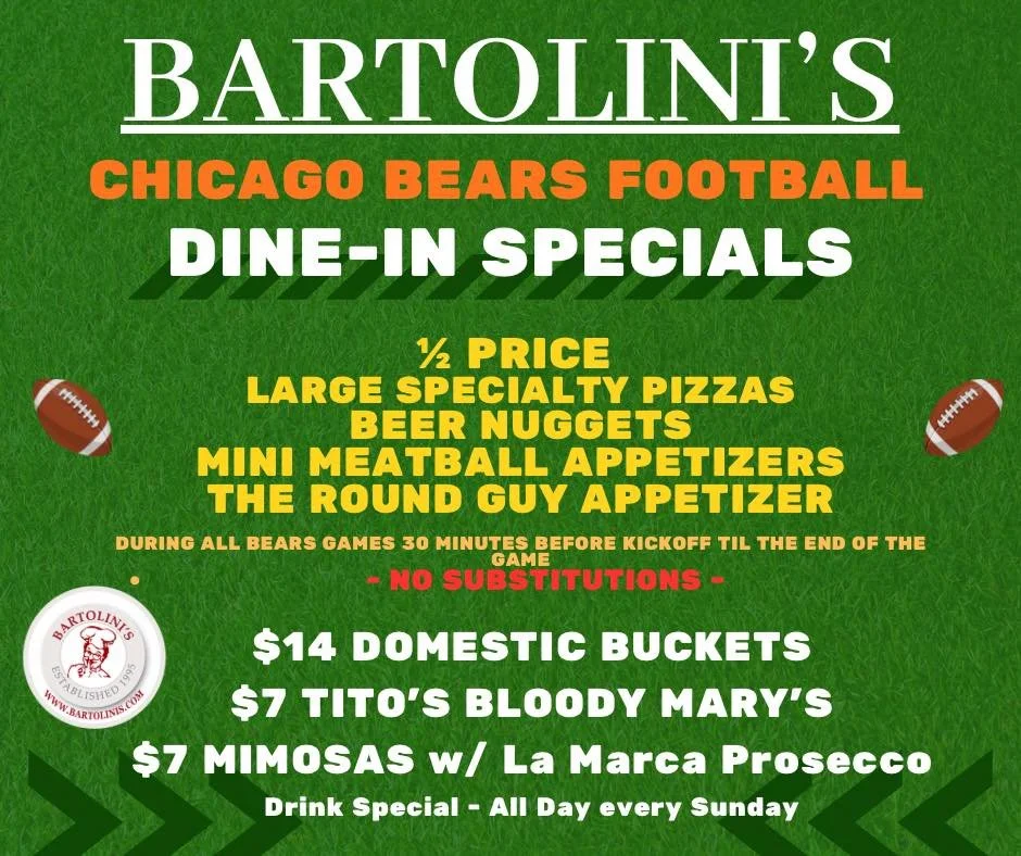 ☔️ Rain or shine, 
  it&rsquo;s still Sunday Funday!
The Bears play at noon and we&rsquo;ve got the specials that make gray skies disappear 😏

🍕 &frac12;-Price Large Specialty Pizzas
🍺 Beer Nuggets + Mini Meatball App
🍴 Famous Round Guy App

🍻 $