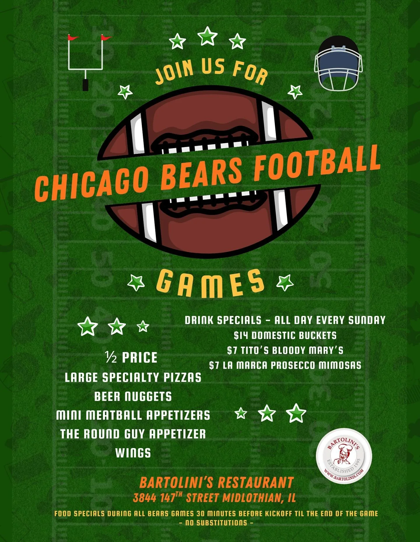 ๐ป BEAR DOWN, 
  CHICAGO BEARS! ๐ ๐ผ๐ถ๐ต
It’s game day and we’ve got your Sunday specials ready to tackle that appetite!
๐ ½ Price Large Specialty Pizzas
๐ ½ Price Mini Meatball Appetizer
๐ฅ ½ Price Famous Round G