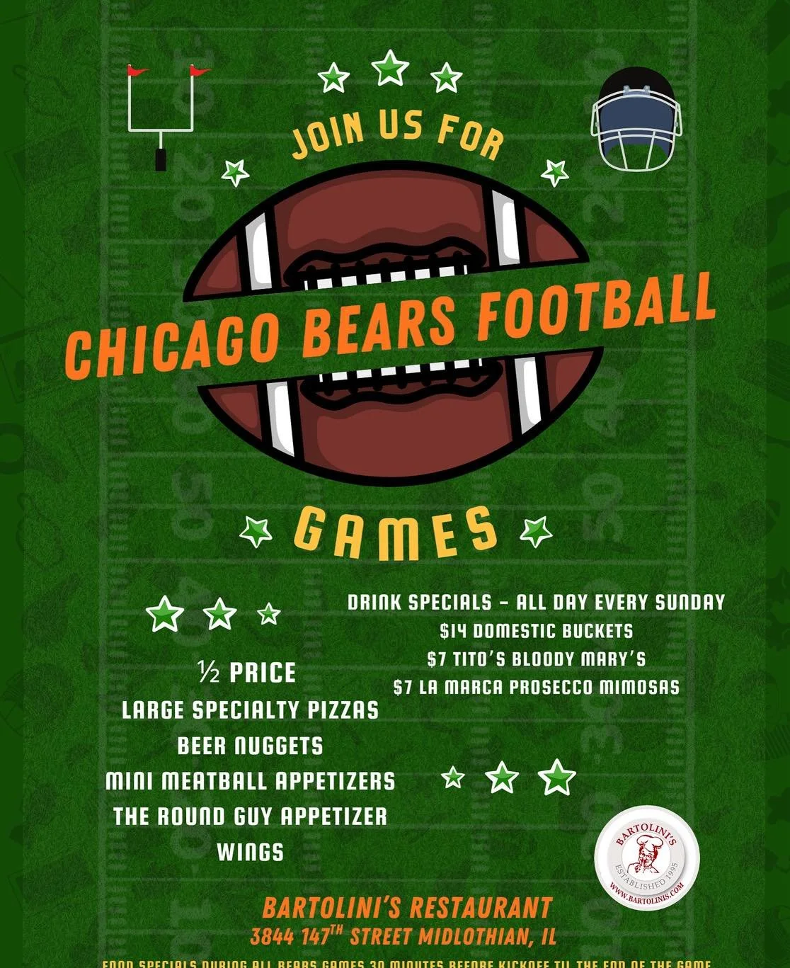 Sunday Funday! 
🐻🏈
Bears on the TV, 
specials on deck. 
See you soon!