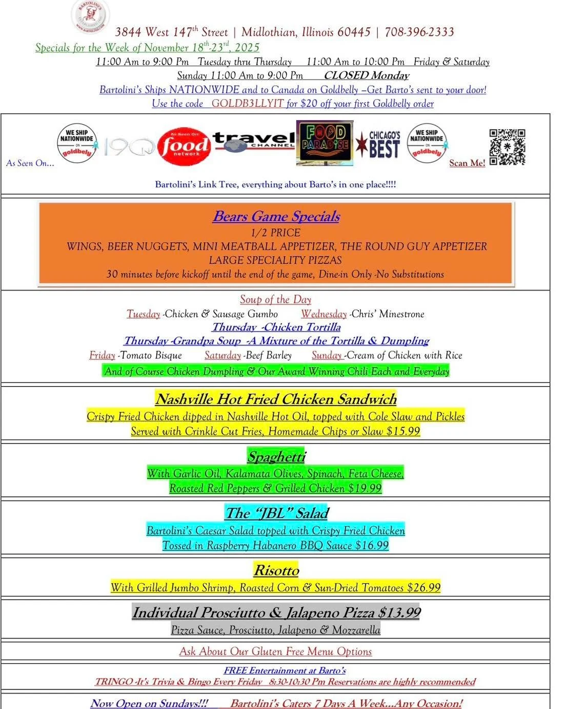 New week, new specials!

Swing by and see what the kitchen is cooking up &mdash; fresh flavors, fan favorites, and something delicious waiting for you every day.