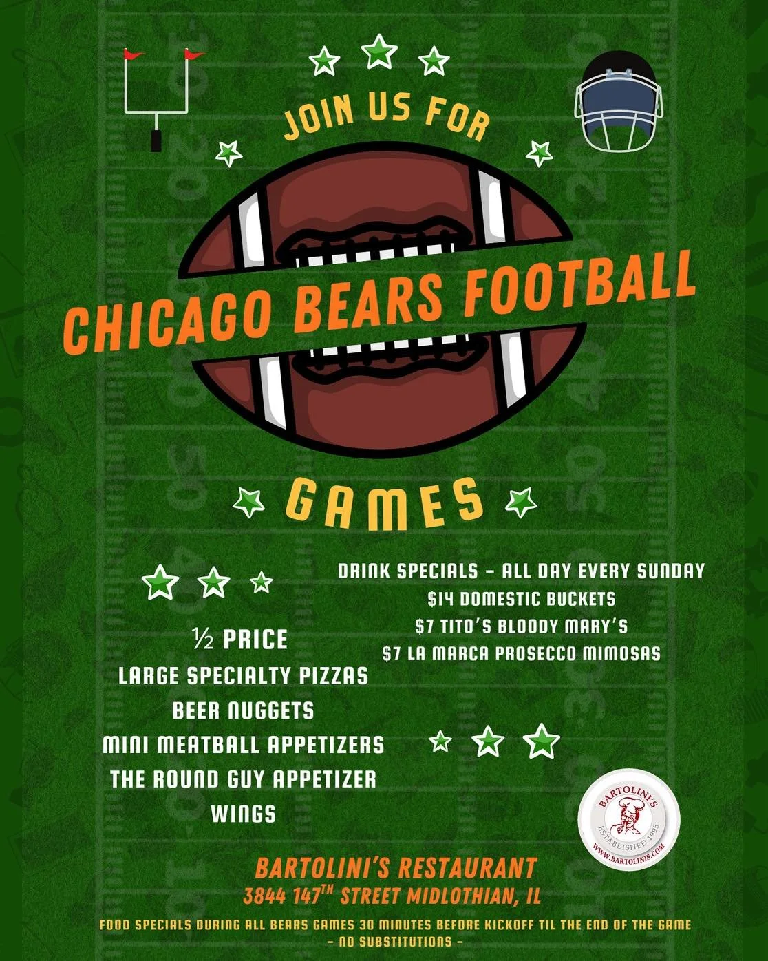 Bear Down!!! 
Come join us and 
  watch the Chicago Bears!
🐻 ⬇️
🏈 🏈 🏈 🏈 🏈 🏈