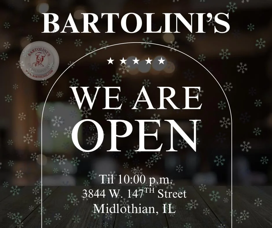 The snow may be falling, but Bartolini&rsquo;s is OPEN and serving all your favorites
❄️🍕 
Come get cozy with us 
 &mdash; we&rsquo;re here until 10:00 PM!