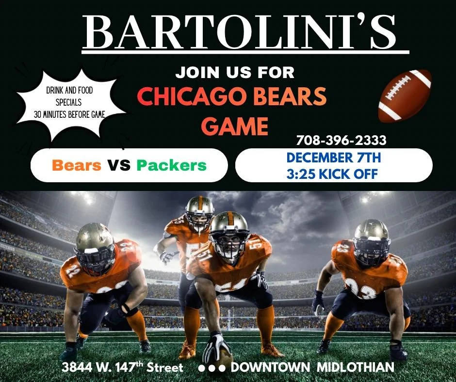 🐻🏈 CHICAGO BEARS VS. GREEN BAY PACKERS! 🧀🔥

This is THE game you don&rsquo;t want to miss!!!

Join us at Bartolini&rsquo;s for the ultimate game-day experience and enjoy 
𝗛𝗔𝗟𝗙 𝗣𝗥𝗜𝗖𝗘 on all your favorites:

Large Specialty Pizzas
Wings
Be