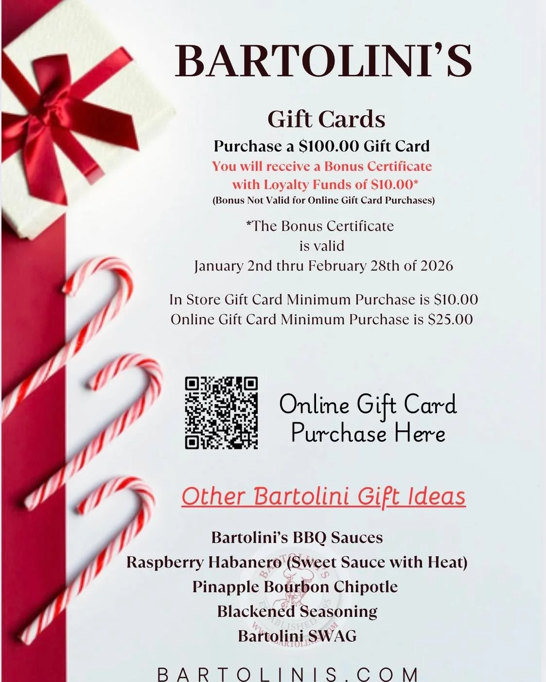 🎁 Make Holiday Shopping EASY! 

Skip the stress and press the easy button this season&hellip; give the gift EVERYONE loves &mdash; the taste of Bartolini&rsquo;s! 😍🍕❤️

Purchase a $100 Bartolini&rsquo;s Gift Card IN-STORE
and receive a $10 Loyalty