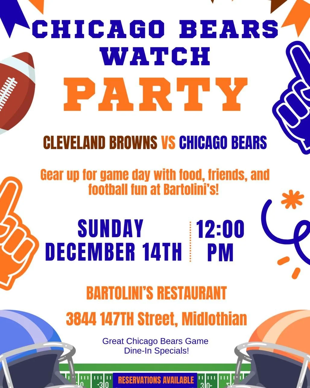 🥶❄️ Chicago is 𝗖𝗢𝗟𝗗&hellip; but Bartolini&rsquo;s Game Day Specials are 𝗛𝗢𝗧! 🔥

Skip the freezing temps and join us at Bartolini&rsquo;s for the Chicago Bears game!
🏈 Kickoff at NOON

🍕 𝗗𝗜𝗡𝗘 𝗜𝗡 Game Day Specials include:
&bull; Half-