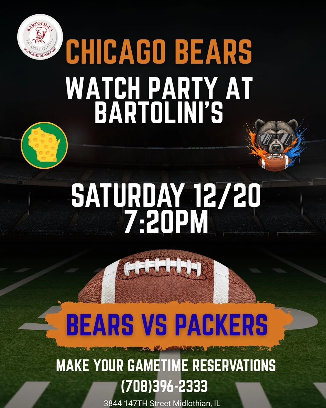 Call for your reservations today
This is going to be a HOT GAME!!
🧡💙 VS 💚💛

🐻🏈 BEARS vs. PACKERS 🏈🐻
Come watch the Chicago Bears take on the Green Bay Packers with us!

📅 Saturday, December 20

⏰ 7:20 PM KICKOFF
🍕 𝗗𝗜𝗡𝗘 𝗜𝗡 Game Day Spe