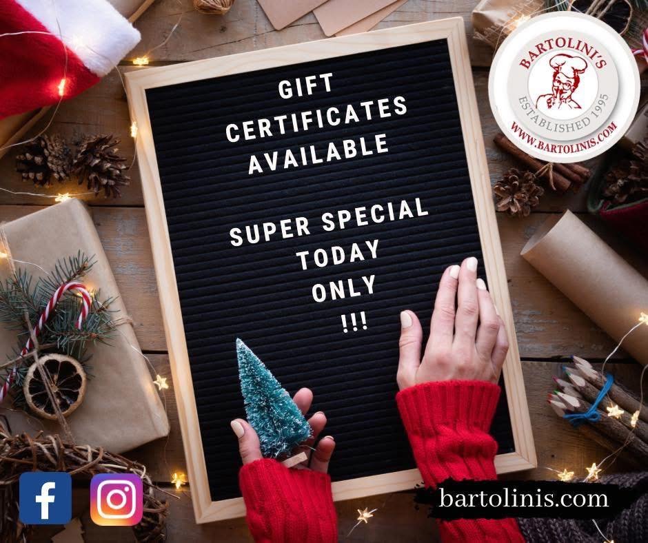 🎁 𝗦𝗨𝗣𝗘𝗥 𝗚𝗜𝗙𝗧 𝗖𝗔𝗥𝗗 𝗦𝗣𝗘𝗖𝗜𝗔𝗟 &ndash; 
𝗡𝗢𝗪 is the perfect time to grab your Bartolini&rsquo;s Gift Cards!
For December 22 &amp; 23 ONLY:

➡️ Buy a $100 gift card and receive a $20 B O N U S certificate in loyalty funds

➡️ Buy a $