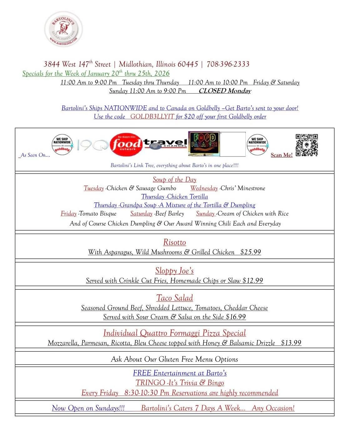 New week. New specials. 
(🥶 stop in and warm up)

Same Bartolini&rsquo;s magic 😏🔥
Come see what we&rsquo;re cookin&rsquo; up!
📞 708-396-2333