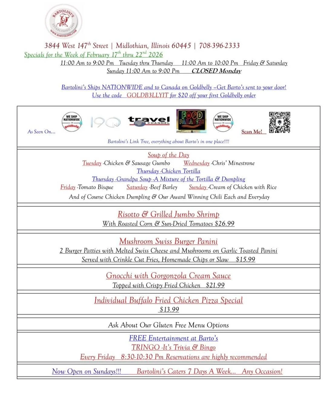 NEW WEEK&hellip; NEW SPECIALS 🙌
&hellip;and BONUS&hellip; 
our Lenten Specials begin 
Wednesday ✝️🐟

That&rsquo;s right &mdash; it&rsquo;s basically a BONUS week at Bartolini&rsquo;s!!!

Whether you&rsquo;re craving your favorites or planning ahead