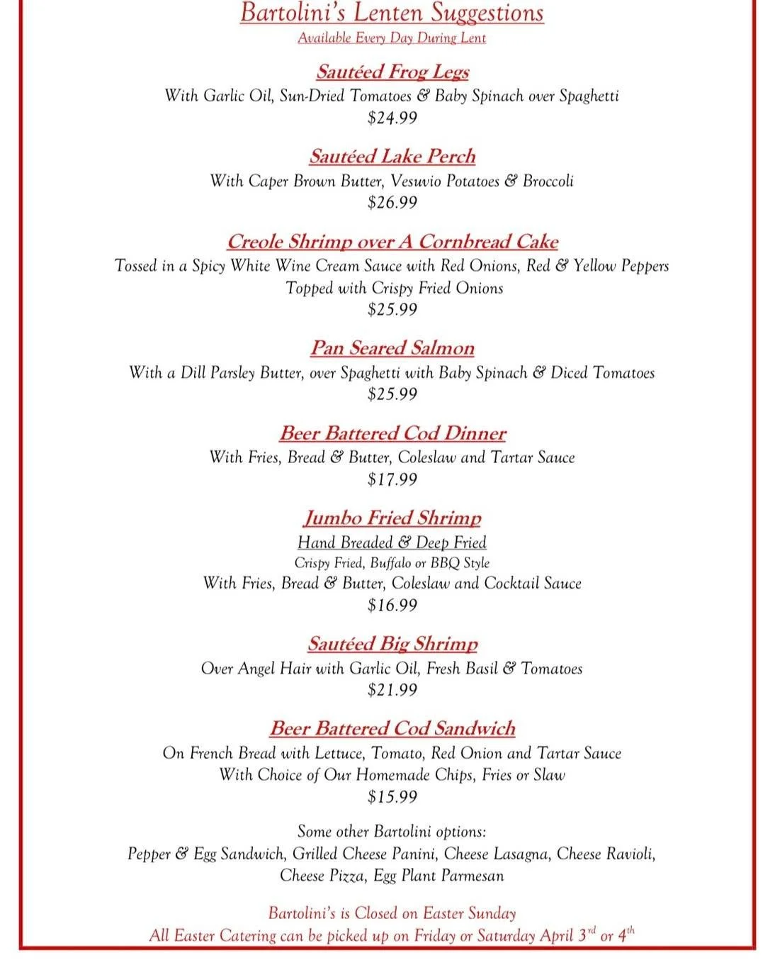 It&rsquo;s Ash Wednesday 
&mdash; Lent begins today. ✝️

At BARTOLINI&rsquo;S, it&rsquo;s a tradition to offer an extensive menu of delicious meatless options all season long.

Whether you&rsquo;re observing meatless meals or just looking for somethi