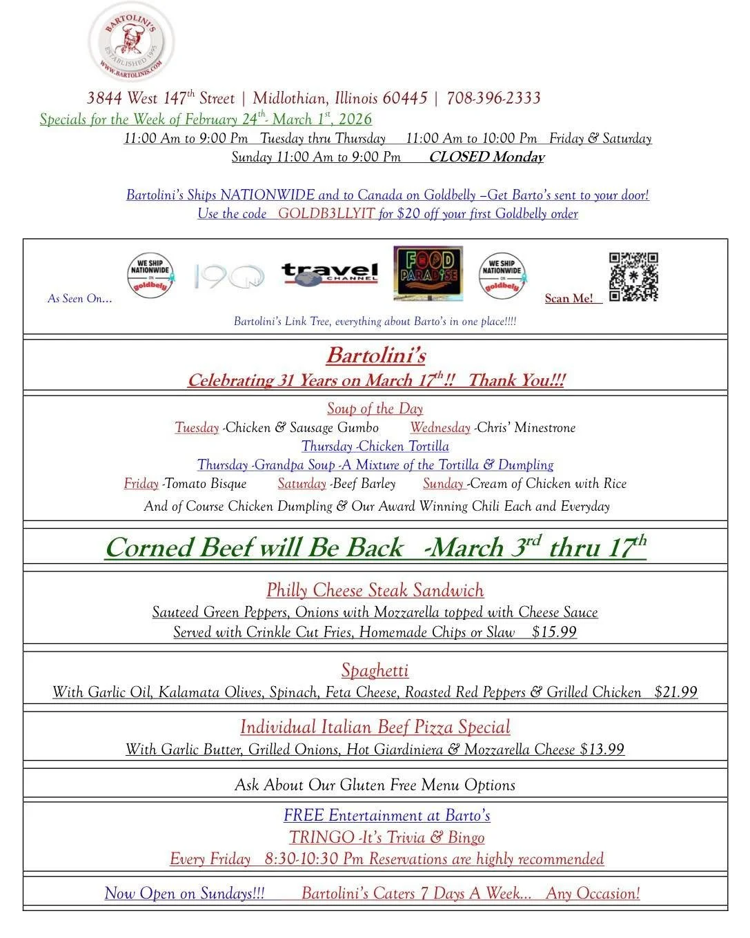 New week&hellip; NEW specials 😏🔥

You didn&rsquo;t really think we were going to let you cook all week, did you?

Slide into Bartolini&rsquo;s and let us handle lunch &amp; dinner &mdash; the way YOU like it&hellip; hot, fresh, and a little bit sas