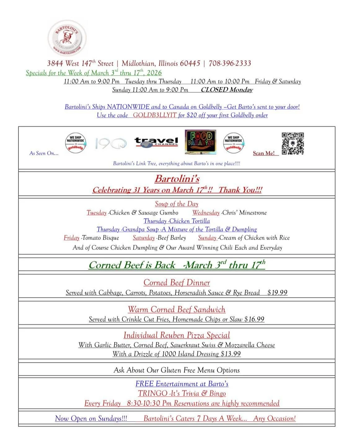 It&rsquo;s a brand-new week at Bartolini&rsquo;s&hellip;
which means NEW specials are officially in play.

Don&rsquo;t be the one hearing 
  about them tomorrow. 😜

📍 3844 W. 147th St.
 Downtown Midlothian
 📞 708-396-2333