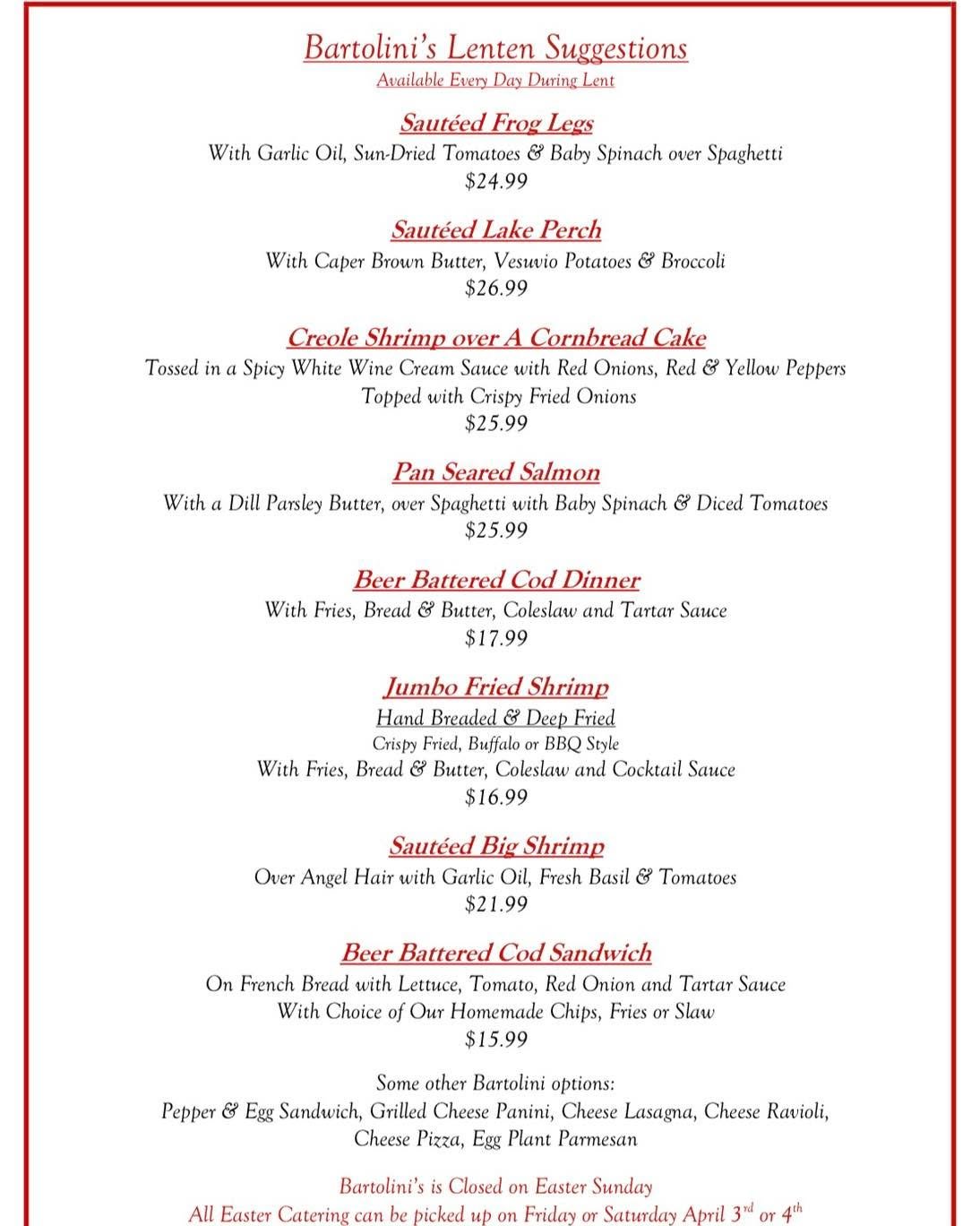 Lenten Specials at BARTOLINI&rsquo;S

It&rsquo;s Friday&hellip; you know what that means.

Our Lenten Specials are available every day until Easter weekend &mdash; all made fresh to order.

Fish on Friday just hits different at Bartolini&rsquo;s.

📍