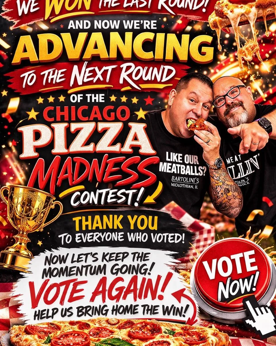 THANK YOU EVERYONE!!!!
Because of YOU&hellip; we advanced to the NEXT ROUND of the Chicago Pizza Madness contest! 🍕🔥

bartolinis.info/VoteforBartos

We truly couldn&rsquo;t have done this without our amazing customers, friends, and community who to