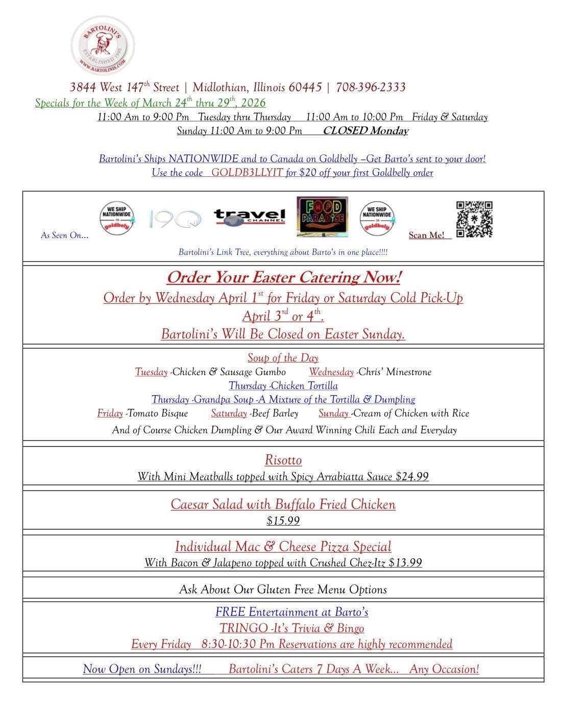 New week.
New specials. 

Same place you already know you&rsquo;re craving.

Skip the cooking&hellip; we&rsquo;ve got you covered. 🍕

📍 Bartolini&rsquo;s
📞 708-396-2333