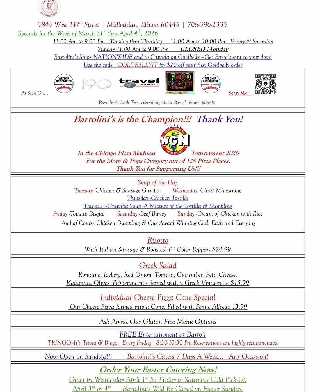 New week.
New specials.

And let&rsquo;s be honest&hellip; you were already thinking about us anyway 😏🍕

Why pretend you&rsquo;re cooking tonight?
Save yourself the time (and the dishes) and come do it right at Bartolini&rsquo;s.

Hot. Fresh. 
Made