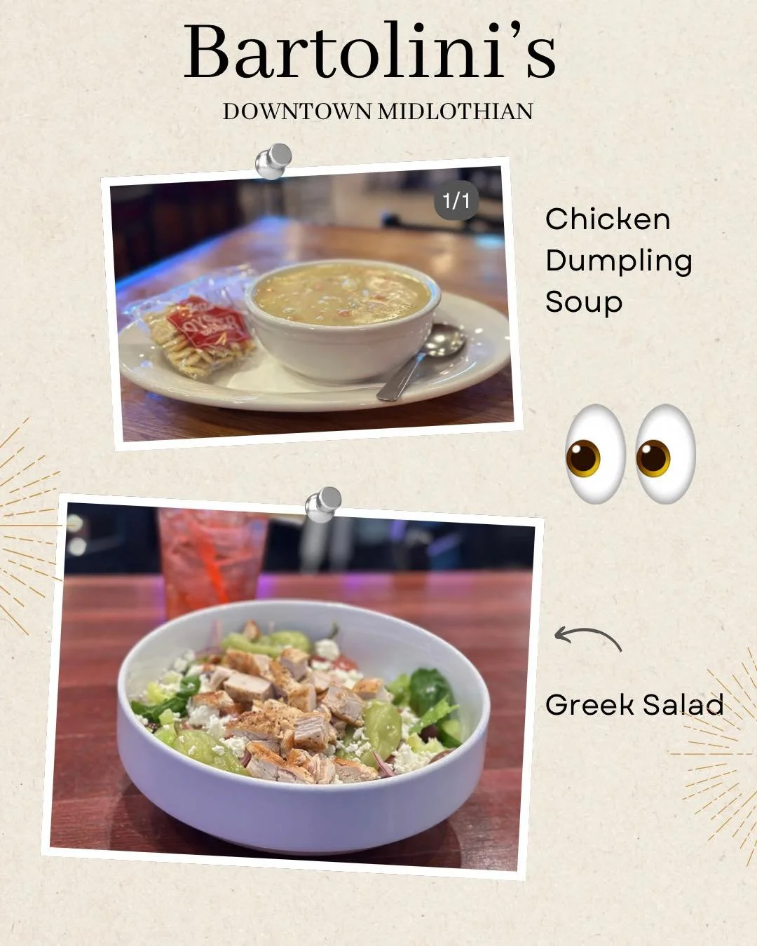 🥗🥣 THIS or THAT&hellip; or BOTH?! 👀

Alright Bartolini&rsquo;s friends&hellip; 
  we need to know ⬇️

Would you rather have:
🥗 Our fresh, crisp Greek Salad loaded with flavor
OR
🥣 Our comforting, made-from-scratch Chicken Dumpling Soup?

Or are 