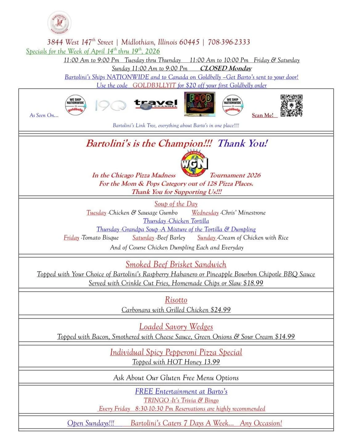 ✨ NEW WEEK. NEW SPECIALS. ✨

You already know&hellip; we don&rsquo;t play around when it comes to flavor. 👀🔥
Fresh ideas. 
Bold bites. 
Same Bartolini&rsquo;s quality you love.

This week&rsquo;s lineup is bringing the heat&mdash;so grab your crew 